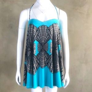 MARA HOFFMAN Sz M 100% silk halter style  drapey blue sea shell print mini dress